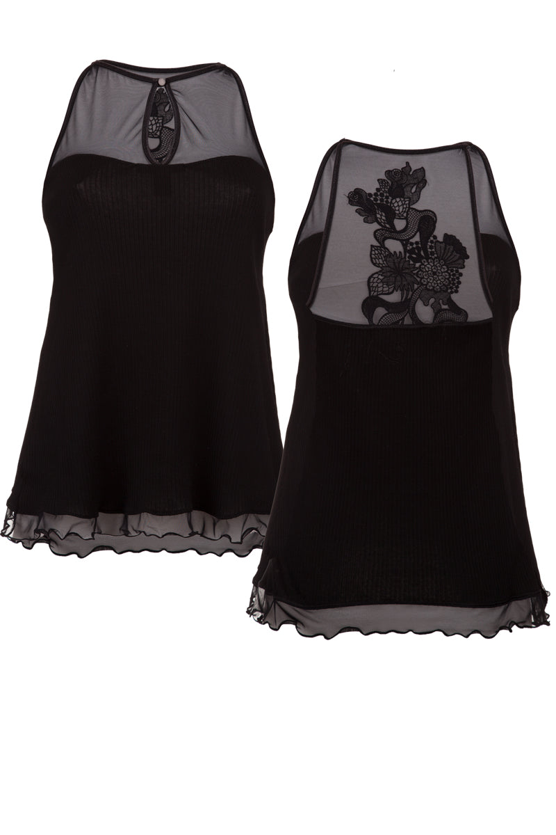 Canotta da donna 116 in cotone filoscozia - Plissè con tulle trasparente e macramè sulla schiena