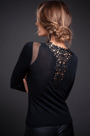 777 04 Long-sleeved wool-silk sweater with Bischoff macramé with embroidered tulle flowers