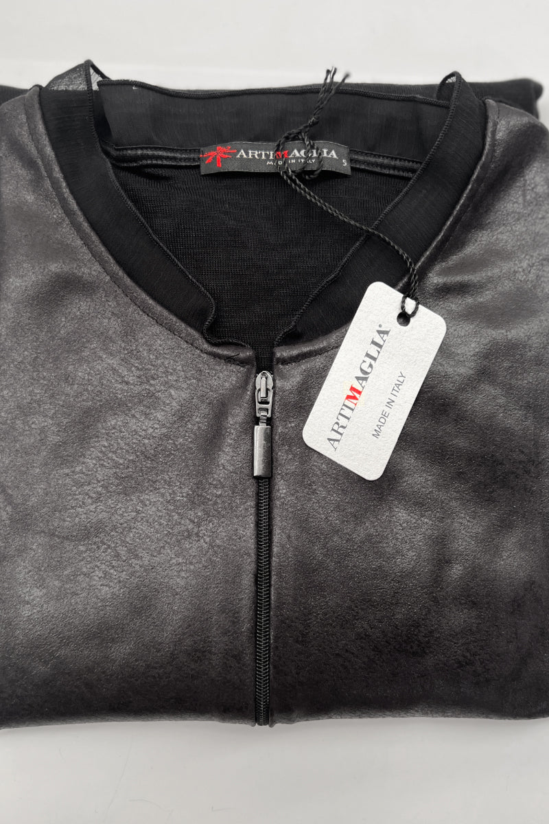 Maglia da donna 226 in lana seta e finta pelle - Girocollo rifinito con organza e apertura con zip invisibile