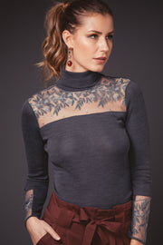 Maglia dolcevita da donna 240 in lana seta - Pregiato e ricamato in tulle