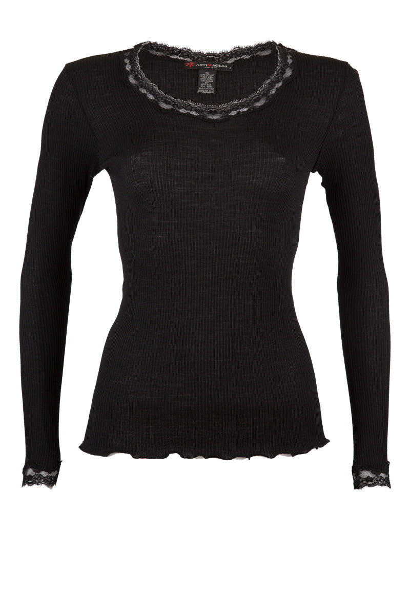Women's under-jacket sweater 302 in silk wool - Long sleeve and lace trim