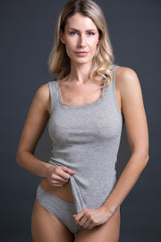Women's tank top 302 in silk wool - Wide shoulder and Calais lace trim