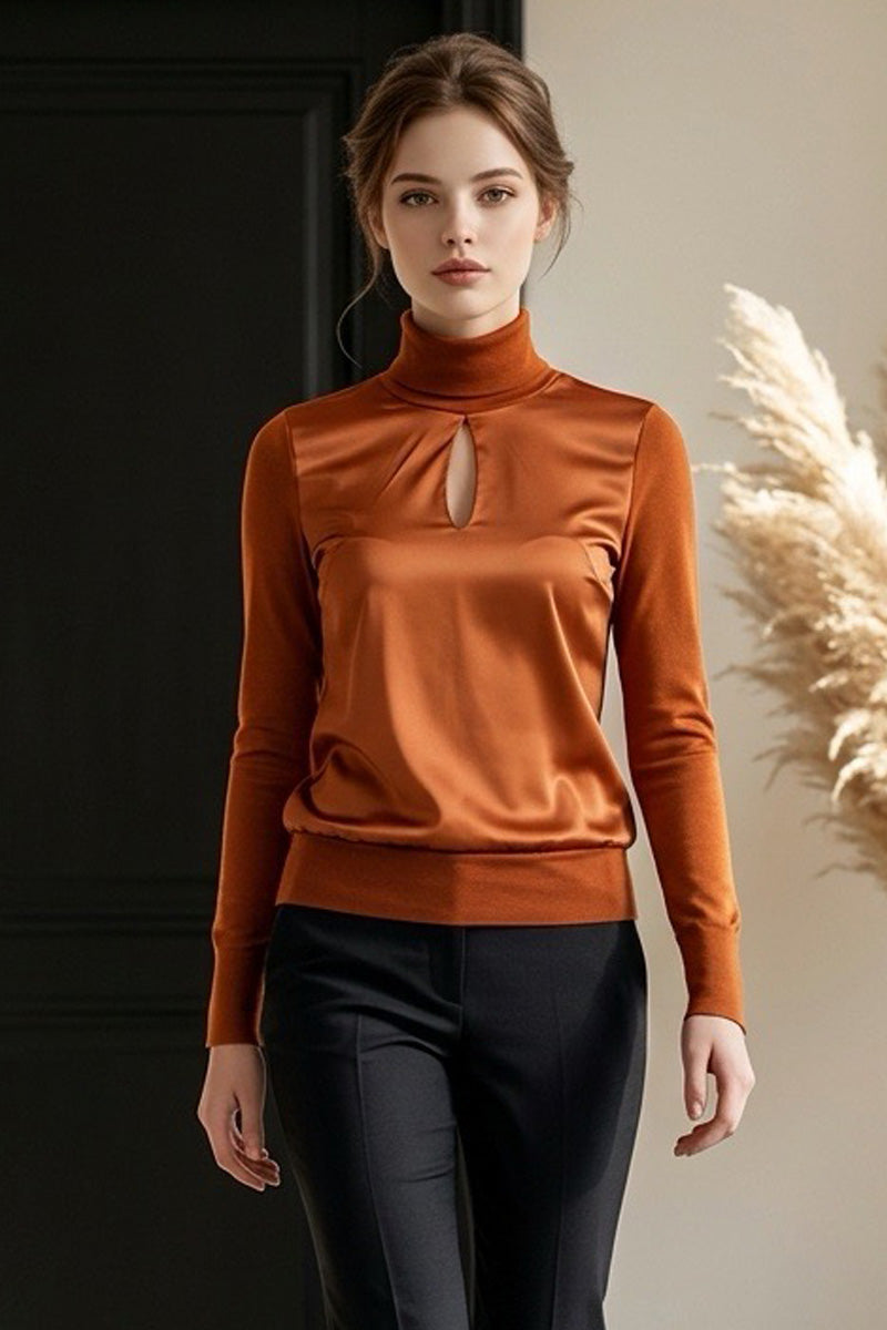 Maglia dolcevita da donna 305 in lana merino extrafine e seta - Manica lunga e davantino foderato in raso