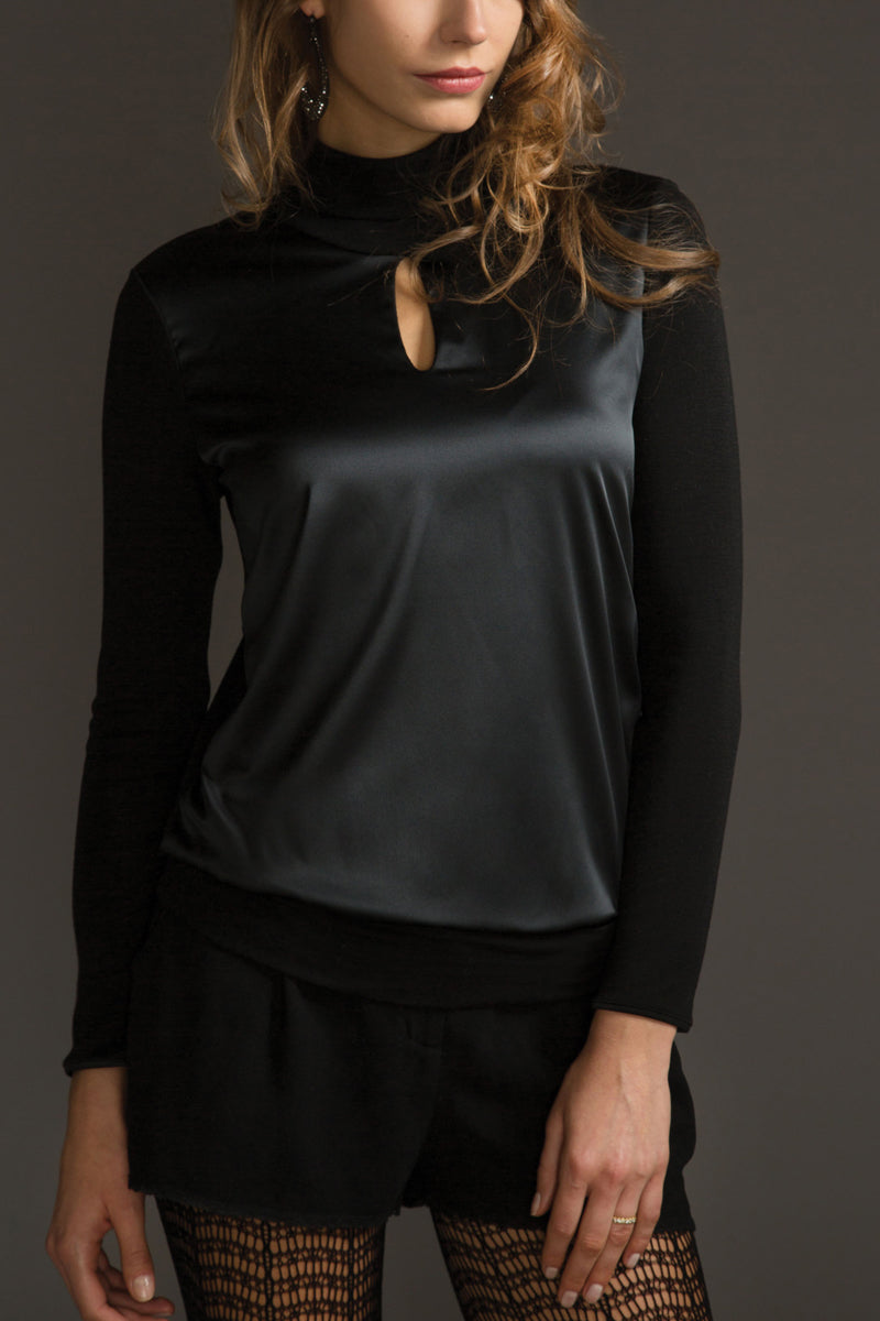 Maglia dolcevita da donna 305 in lana merino extrafine e seta - Manica lunga e davantino foderato in raso