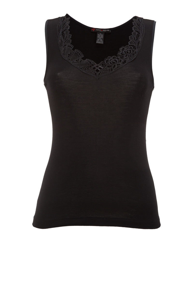 Women's tank top 331 in wool and silk - Wide shoulder and precious macramé insert