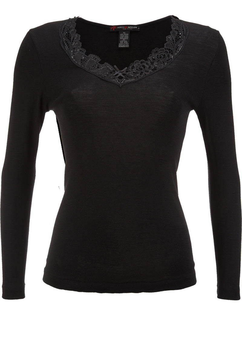 Women's under-jacket sweater 331 in wool and silk - Long sleeve and precious macramé insert