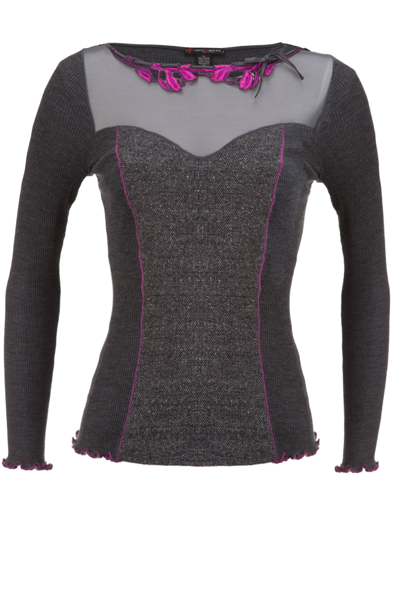 Bustier da donna 332 in lana seta - Manica lunga e effetto lingerie