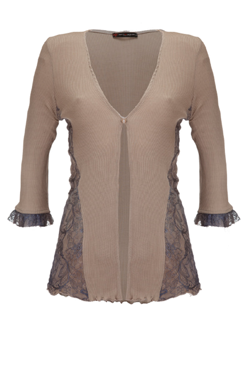 Cardigan da donna 435 in cotone - Manica 3/4 e inserti di pizzo delavé