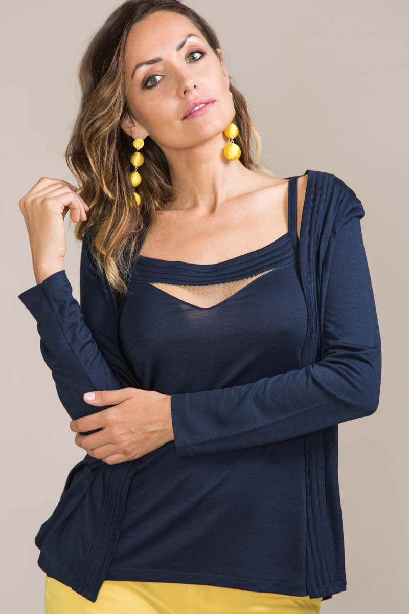 Canotta da donna 517 in viscosa seta - Spallina con regolatori e inserto di tulle effetto nudo