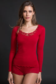 Women's under-jacket sweater 676 in merino wool and silk - Long sleeve with precious macramé insert