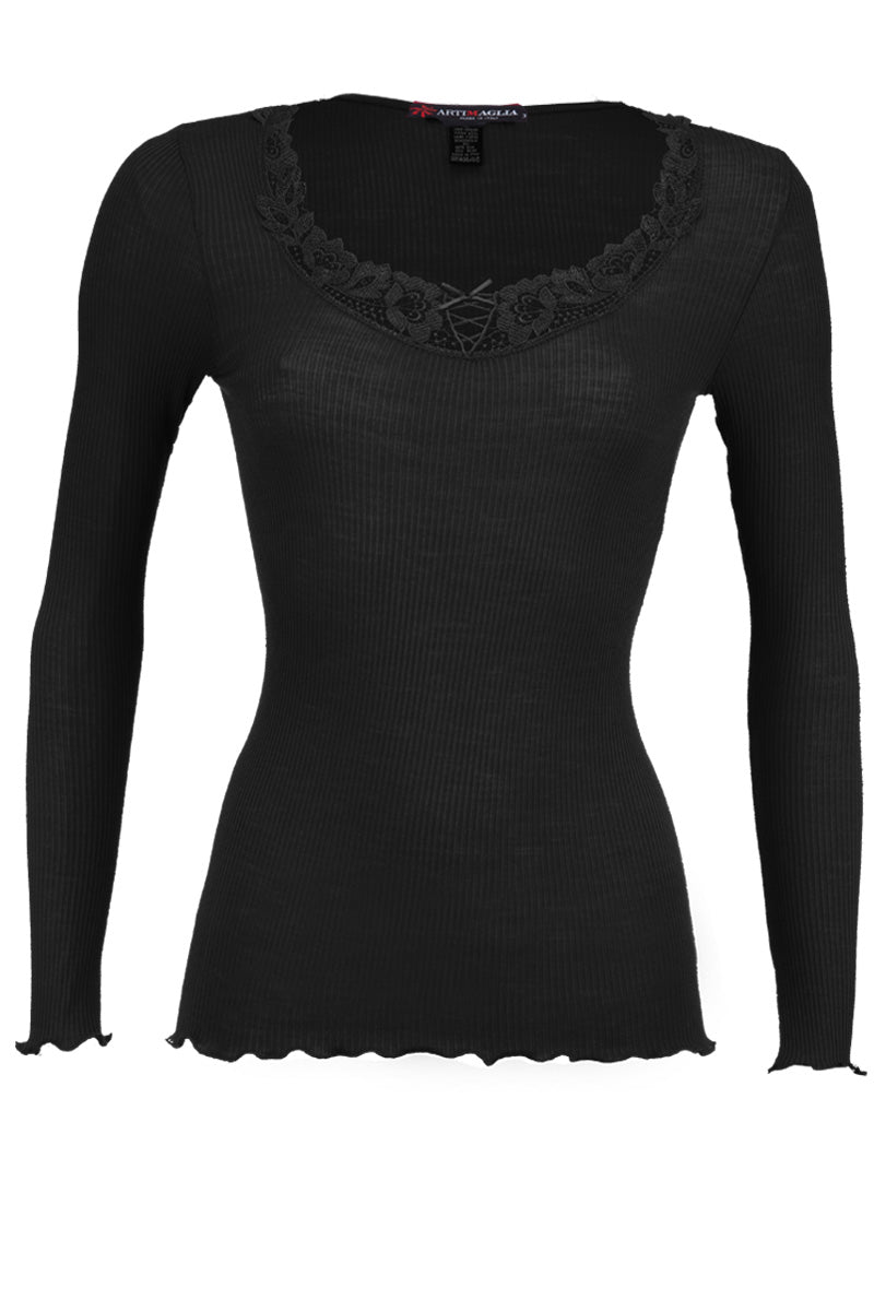 Women's under-jacket sweater 676 in merino wool and silk - Long sleeve with precious macramé insert