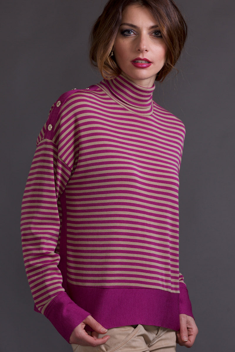 Maglia dolcevita da donna 681 in lana merino e seta - Manica lunga e bottoni sulle spalle