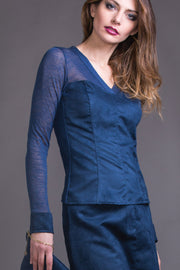 Women's under-jacket top 687 in silk wool crêpe - V-neck and long sleeves Warm and comfortable