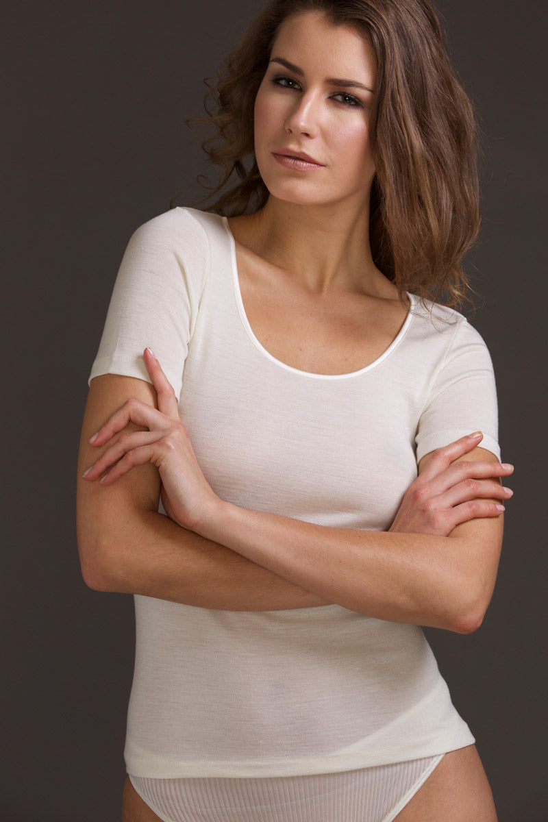 Women's tank top 707 in silk wool - Wide shoulder and satin trim