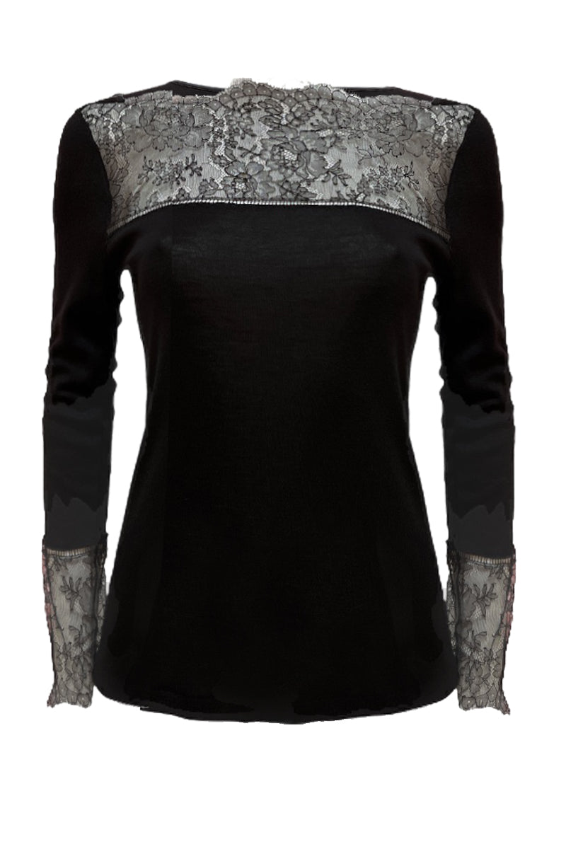 Women's sweater 774 in merino wool and silk - Long sleeve and lace detail