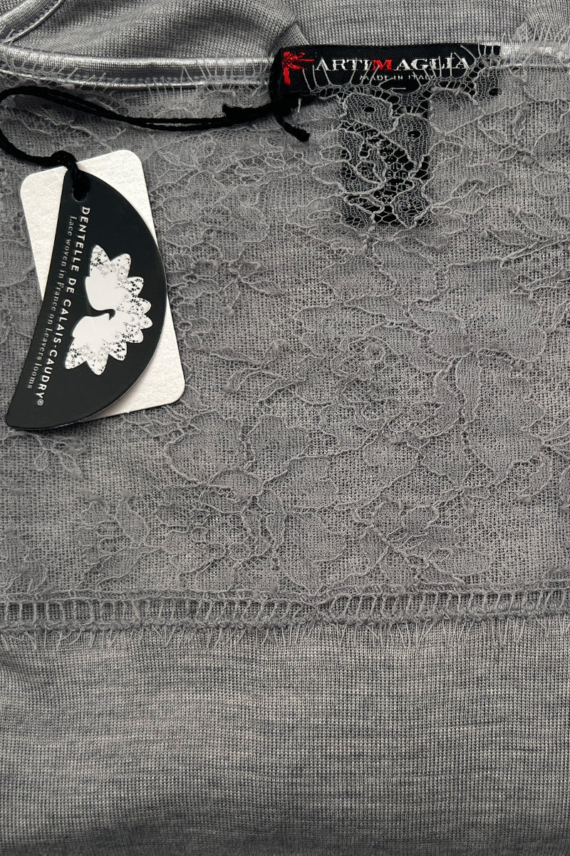 Maglia da donna 774 in lana merino e seta - Manica lunga e dettaglio in pizzo