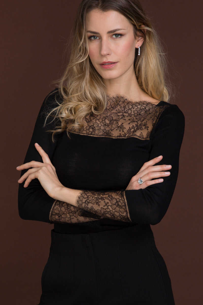 Women's sweater 774 in merino wool and silk - Long sleeve and lace detail