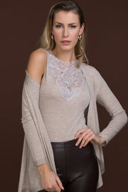 Smanicato da donna 777 in lana merino extrafine e seta - Elegante inserto in macramè svizzero