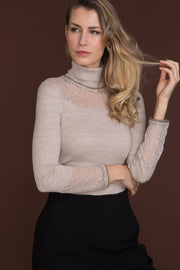 Maglia dolcevita da donna 780 in lana e seta - Manica lunga e collo rifinito con treccia