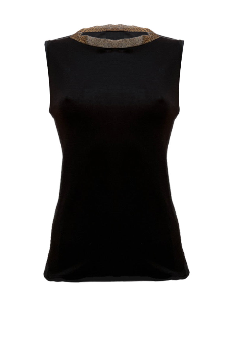 Women's sleeveless cardigan 785 in silk wool - Printed organza border with leopard effect