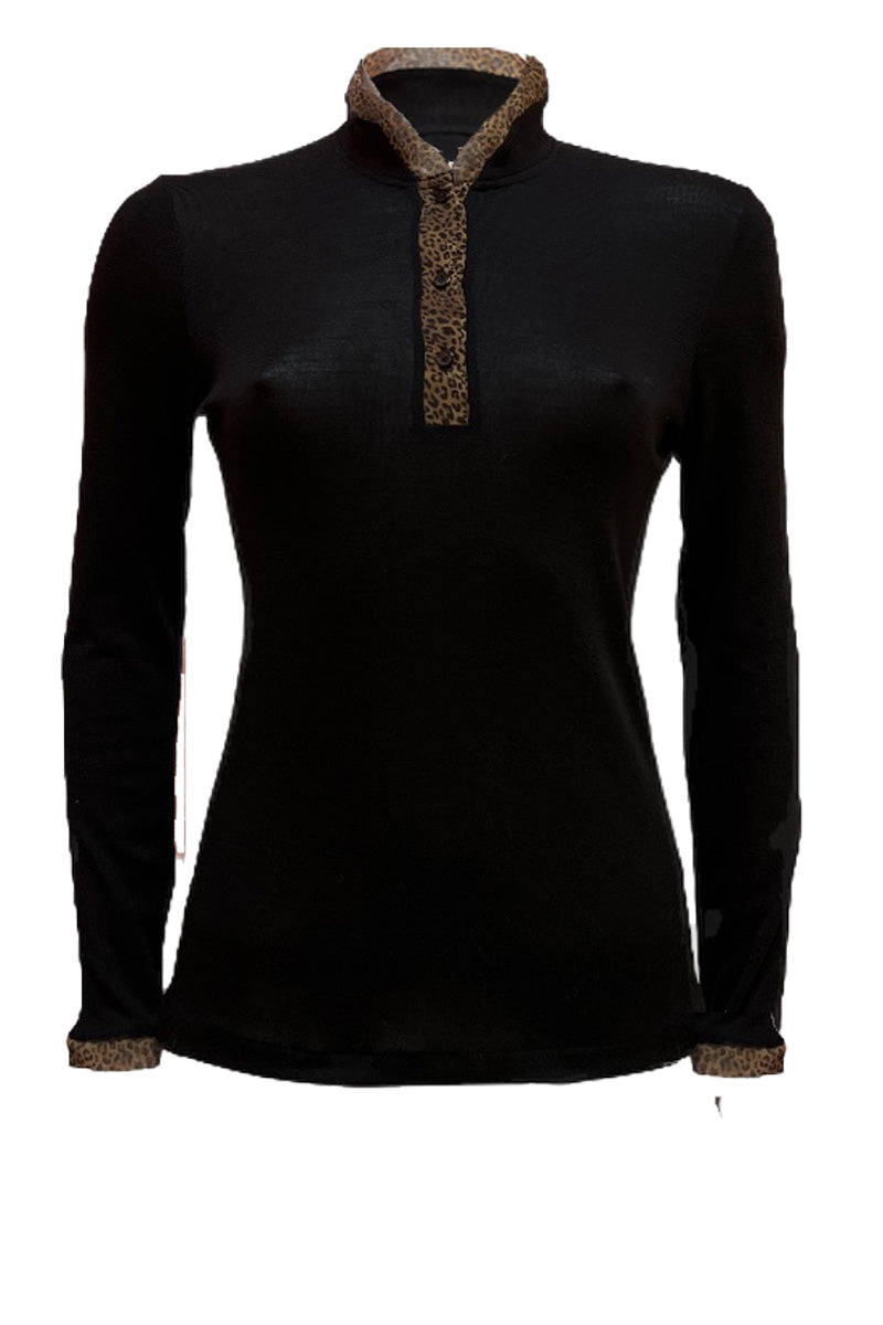 Women's under-jacket sweater 787 in merino wool and silk - Printed organza border with leopard effect