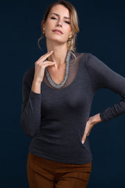 Women's under-jacket sweater 804 in silk wool - Long sleeve and oval neckline