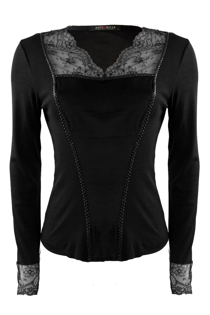 Corsetto da donna 809 in lana seta - Manica lunga e dettagli in scamosciato e pizzo