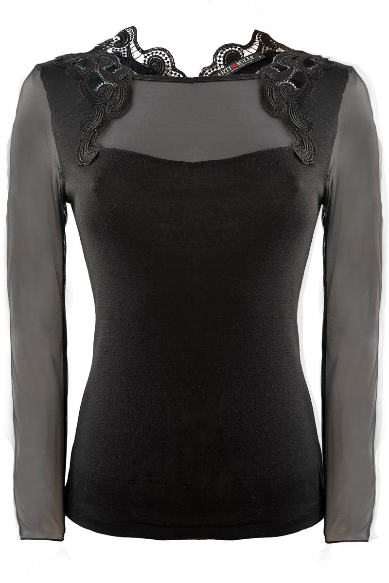 Maglietta sottogiacca a maniche lunghe da donna 810 in lana merino e seta - Manica lunga girocollo con tulle e inserti in macramè