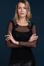 Maglietta sottogiacca a maniche lunghe da donna 810 in lana merino e seta - Manica lunga girocollo con tulle e inserti in macramè