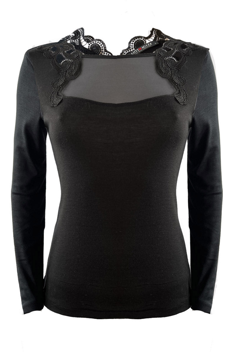 Maglia sottogiacca da donna 811 in lana merino e seta - Manica lunga e girocollo con inserti macramè