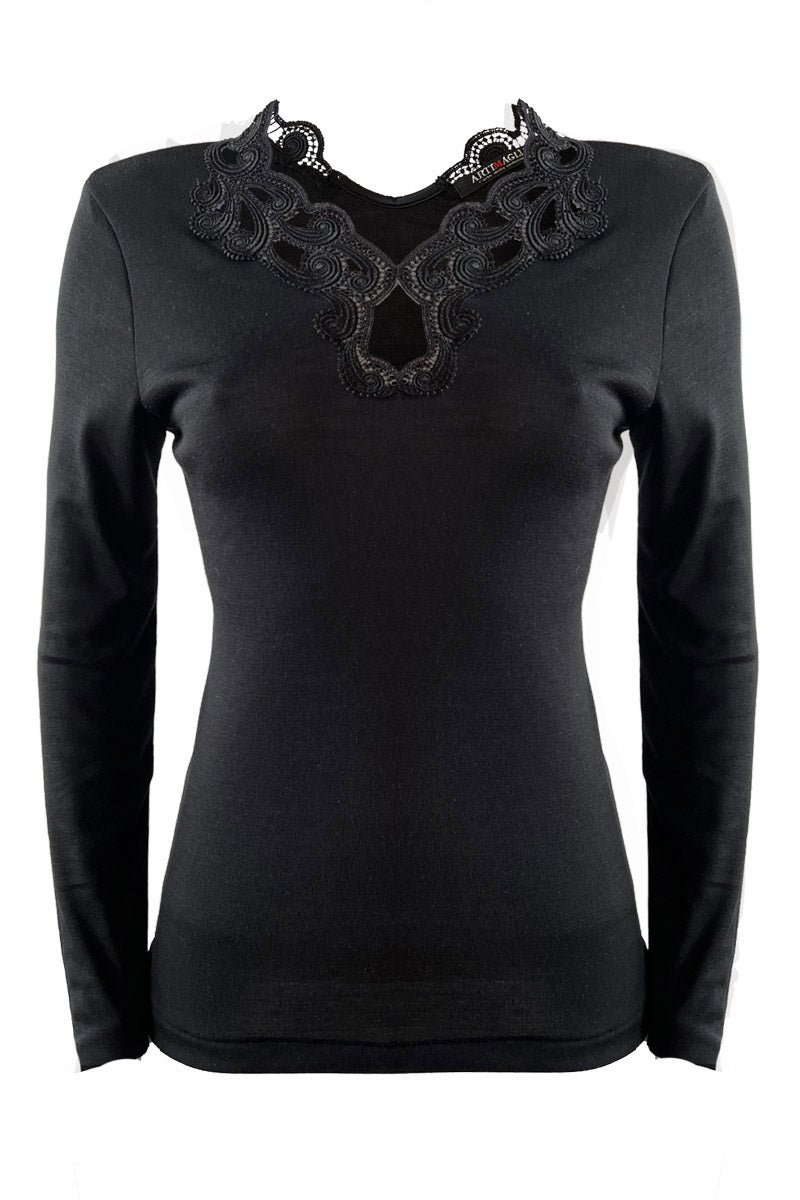 Maglia sottogiacca da donna 812 in lana merino e seta - Manica lunga e scollo a V