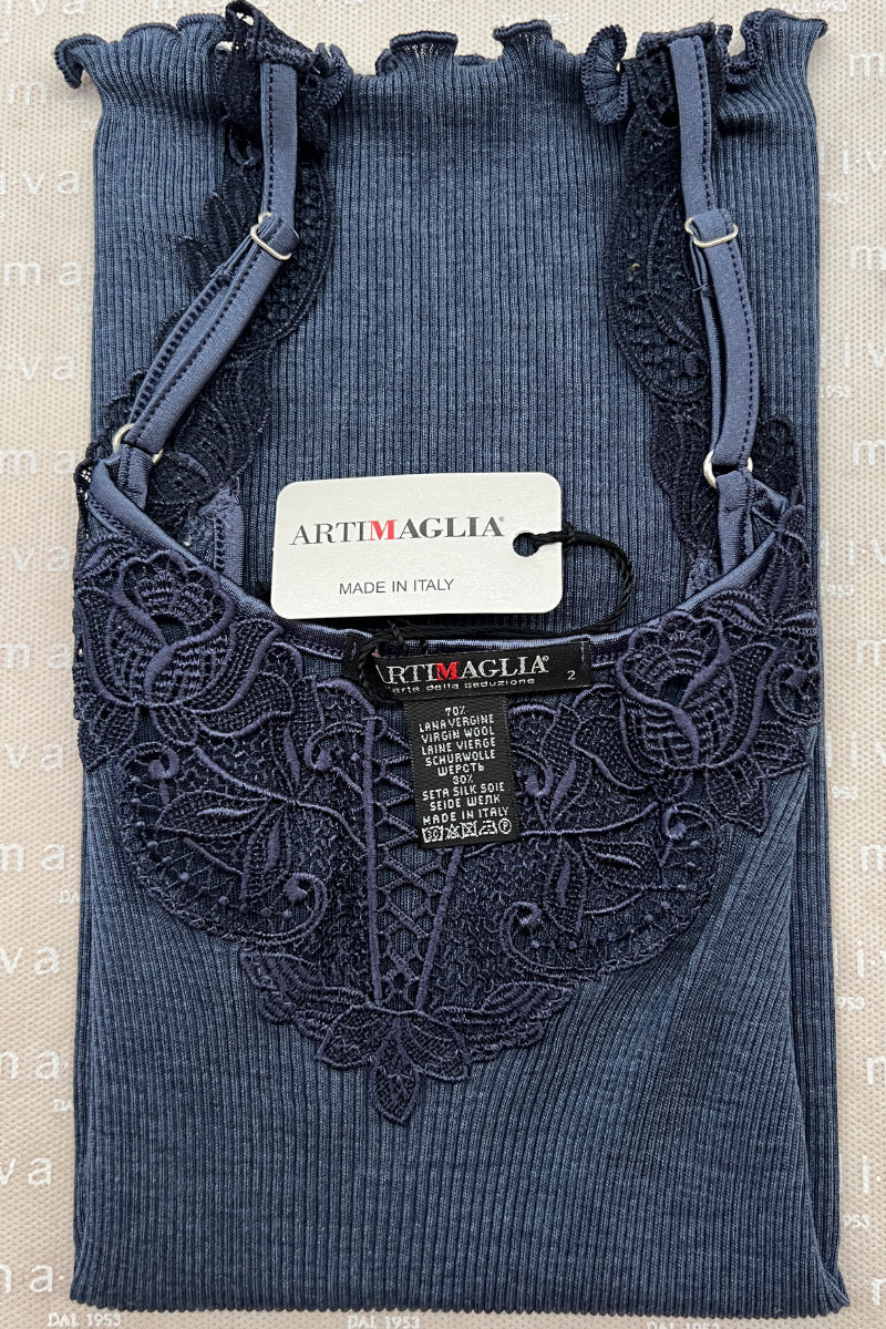 Women's tank top 676 in merino wool and silk - Wide shoulder and macramé insert