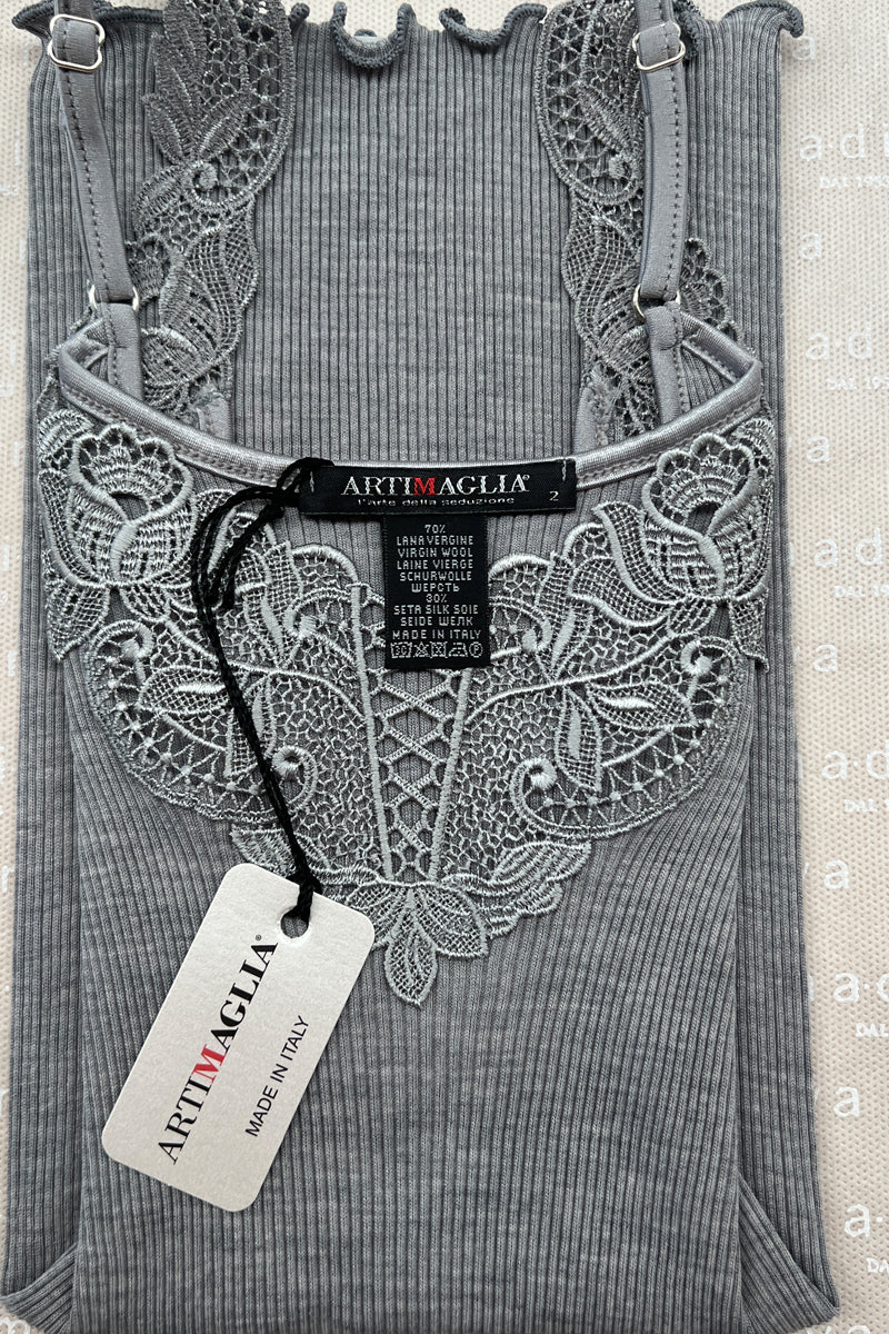 Women's tank top 676 in merino wool and silk - Wide shoulder and macramé insert