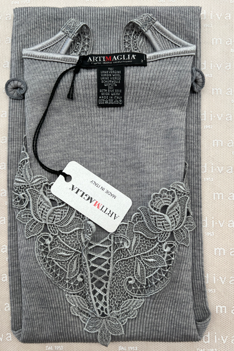 Women's tank top 676 in merino wool and silk - Wide shoulder and macramé insert