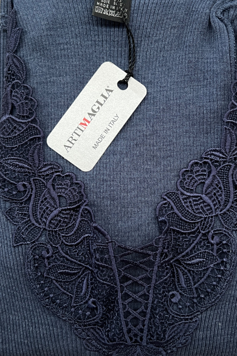 Women's tank top 676 in merino wool and silk - Wide shoulder and macramé insert