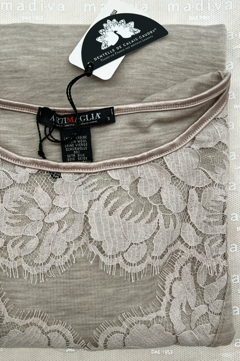 Women's sweater 774 in merino wool and silk - Long sleeve and lace detail