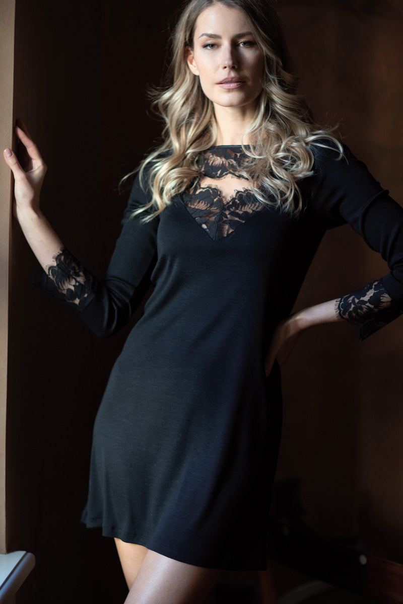 Women's sweater 774 in merino wool and silk - Long sleeve and lace detail