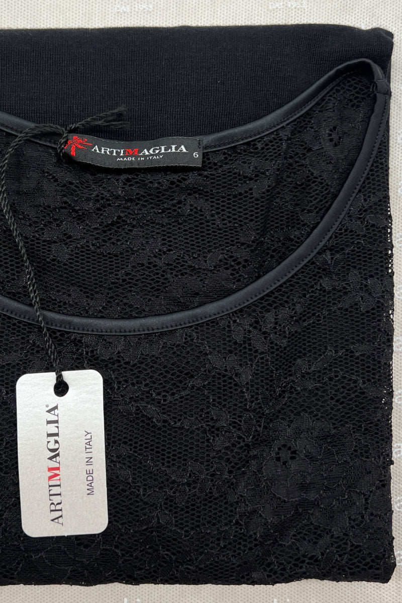 Maglia da donna 840 04 in lana merino e seta - Manica lunga girocollo e laize di pizzo