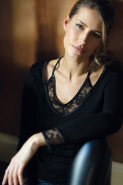 Women's sweater 774 in merino wool and silk - Long sleeve and lace detail