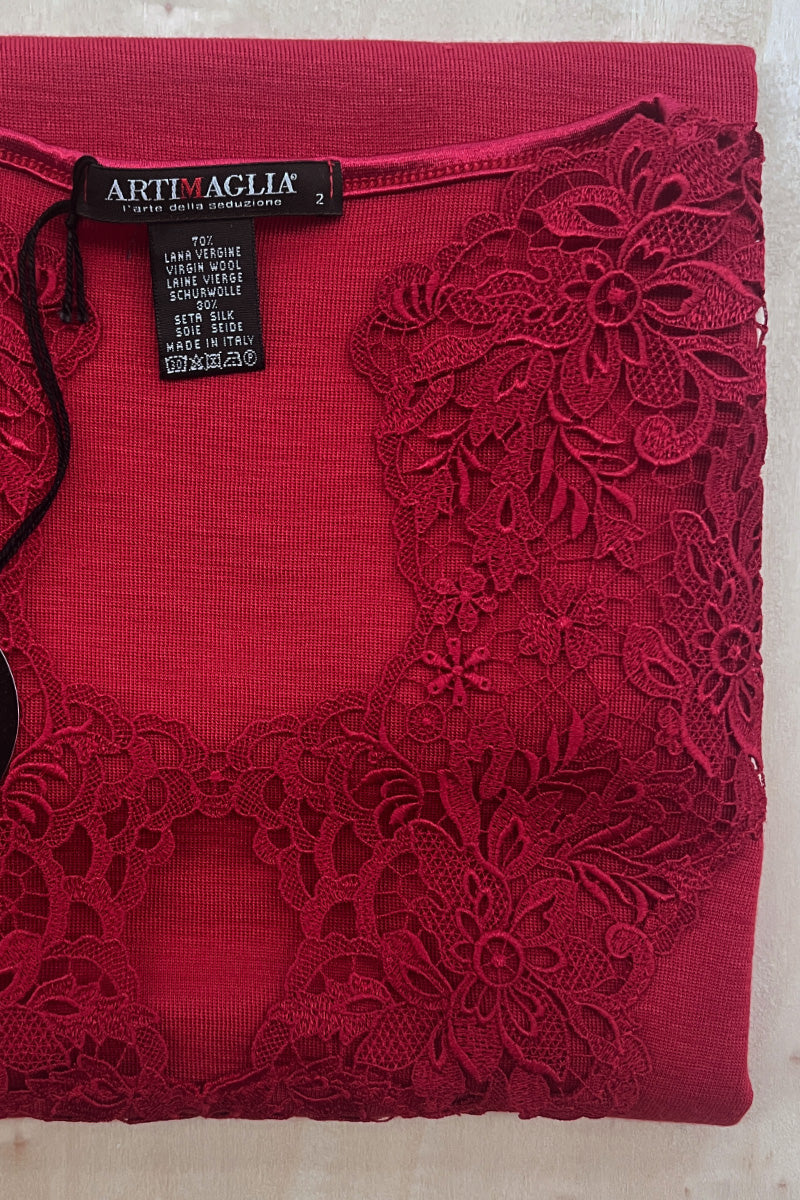 Smanicato da donna 848 05 in lana merino e seta - Inserto in macramè svizzero e stile retrò