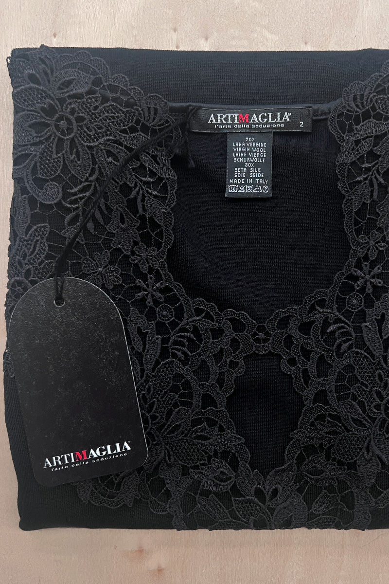 Smanicato da donna 848 05 in lana merino e seta - Inserto in macramè svizzero e stile retrò