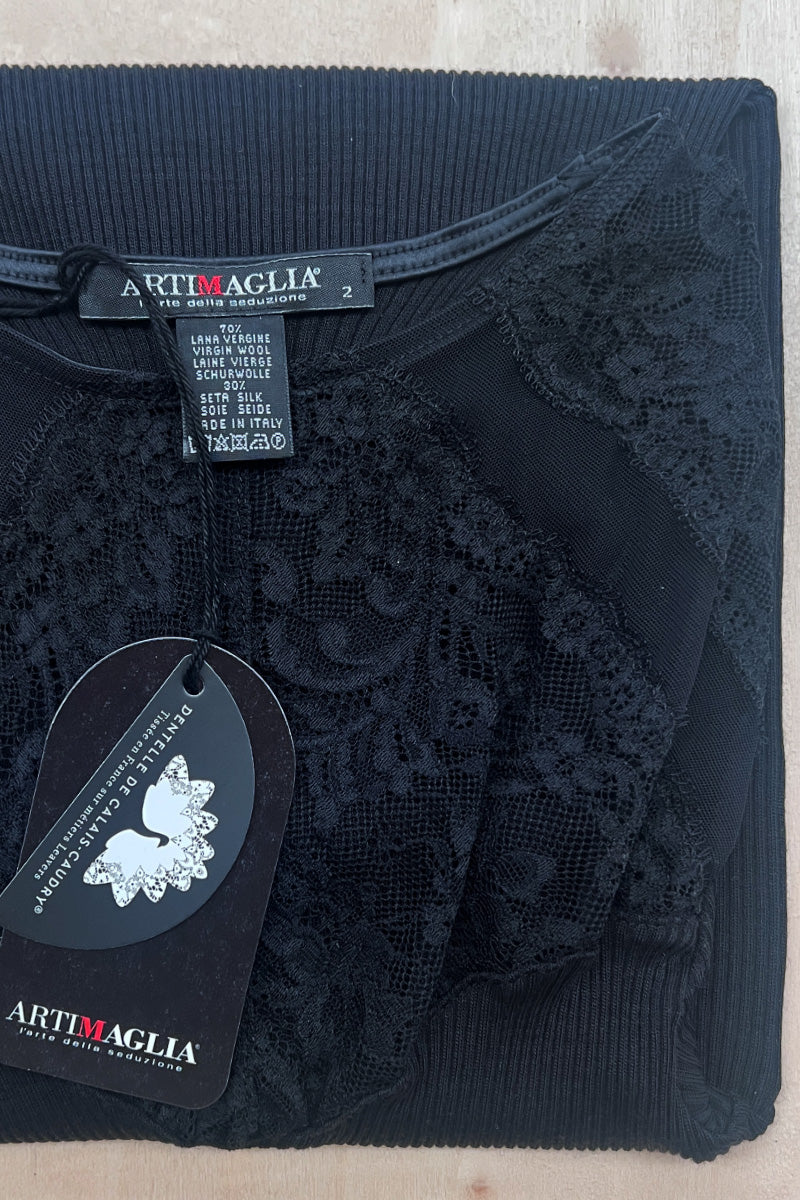Women's sweater 774 in merino wool and silk - Long sleeve and lace detail