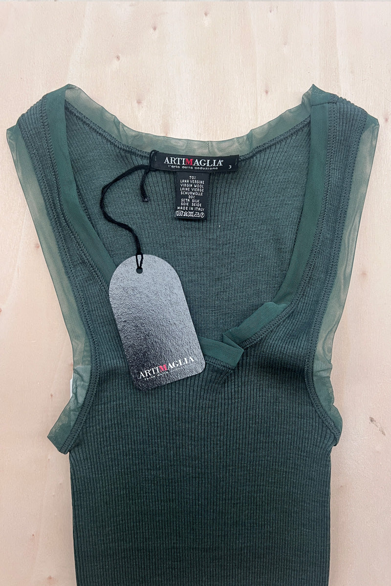 Women's tank top 302 in silk wool - Wide shoulder and Calais lace trim