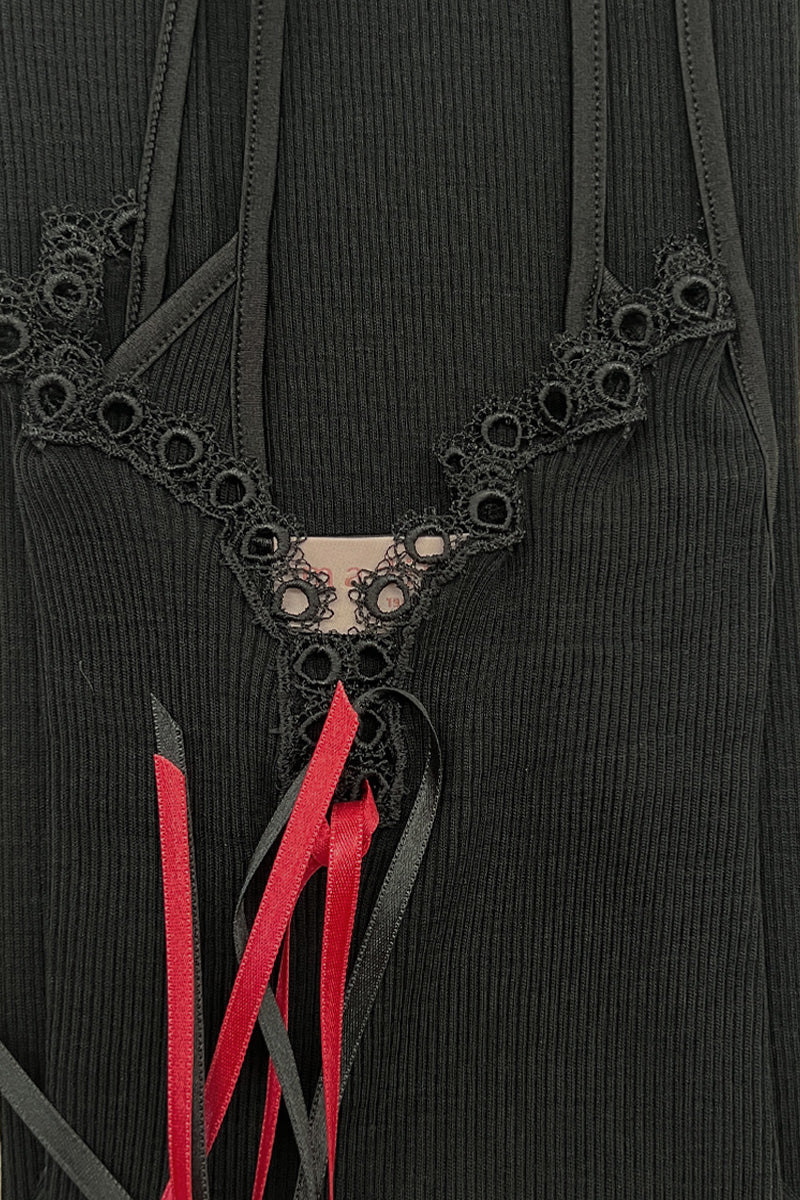 Women's tank top Agata・ in silk wool - Strap with macramé and ribbon