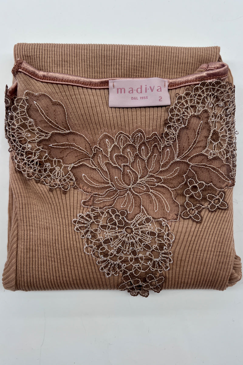 Maglia manica lunga barchetta da donna Alice- con macramè in tulle e cordonetto