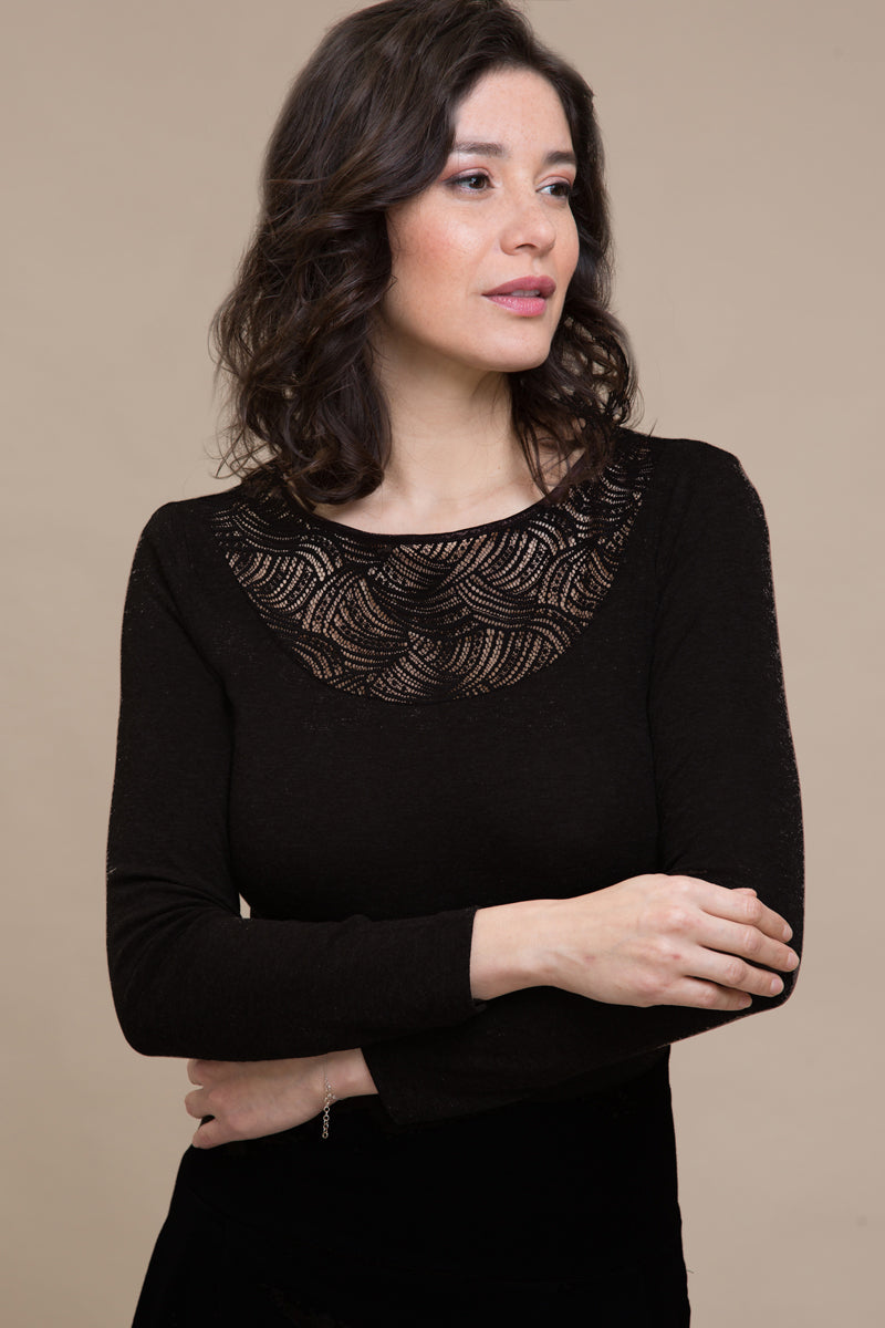 Adele long-sleeve neckline - Ribbed Wool Silk with Macramé