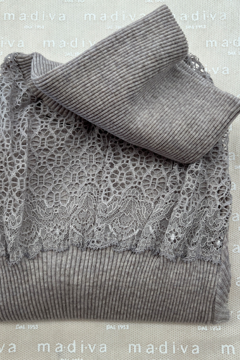 Women's turtleneck sweater Frida・ in ribbed silk wool and lace trim