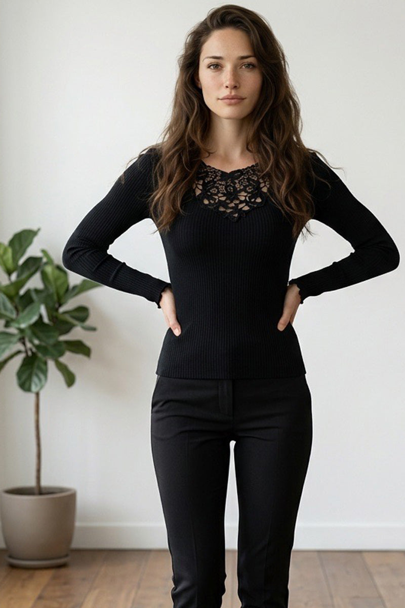 Maglia da donna Adele in lana merino extrafine e seta - Manica lunga e girocollo