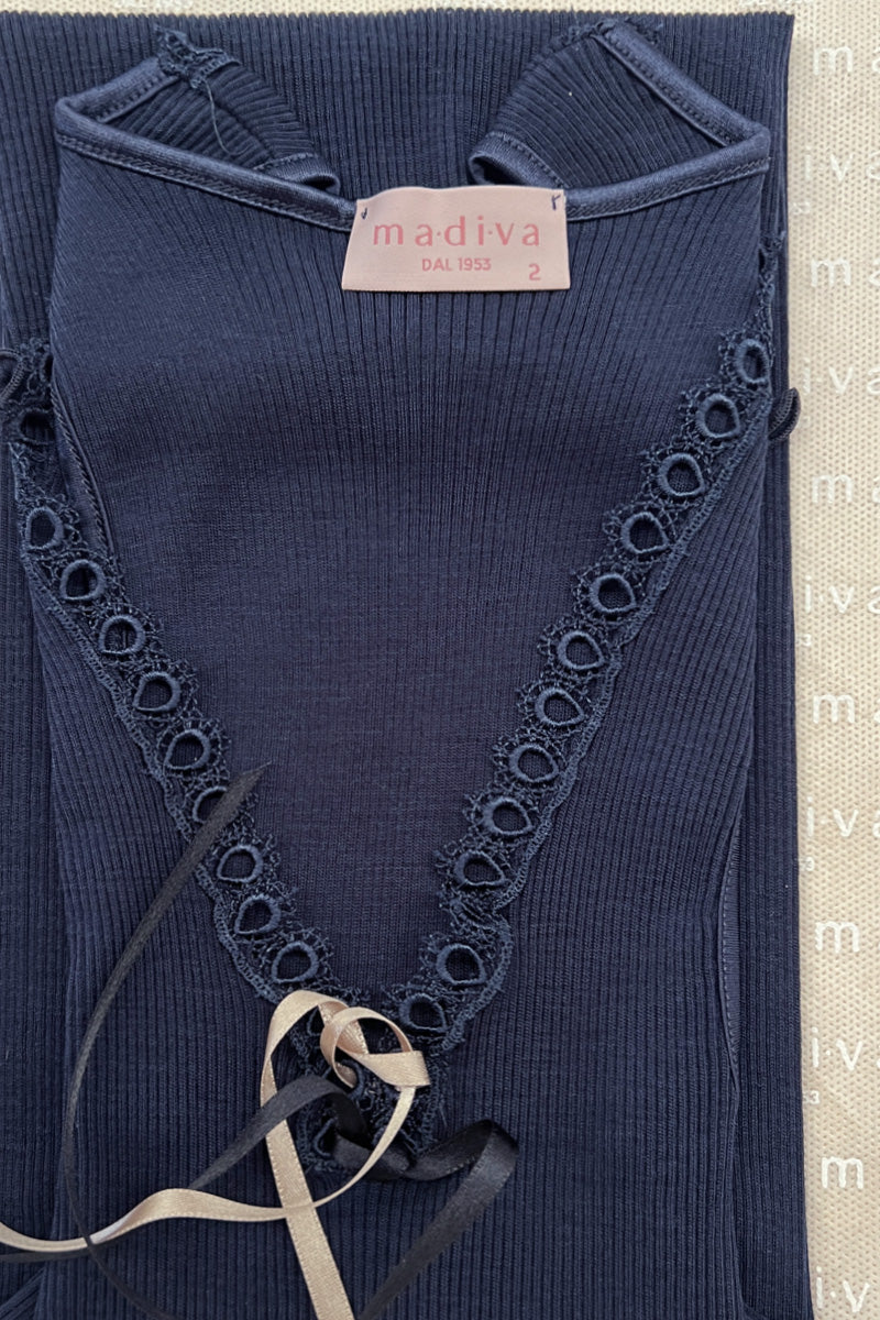 Women's tank top Agata・ in silk wool - Wide shoulder with macramé and ribbon