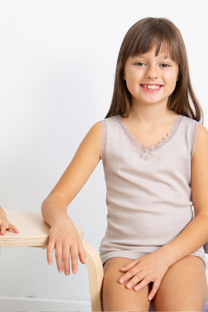 Canottina da bambina Anita in lana merino e seta - Spalla larga e pizzetto elastico